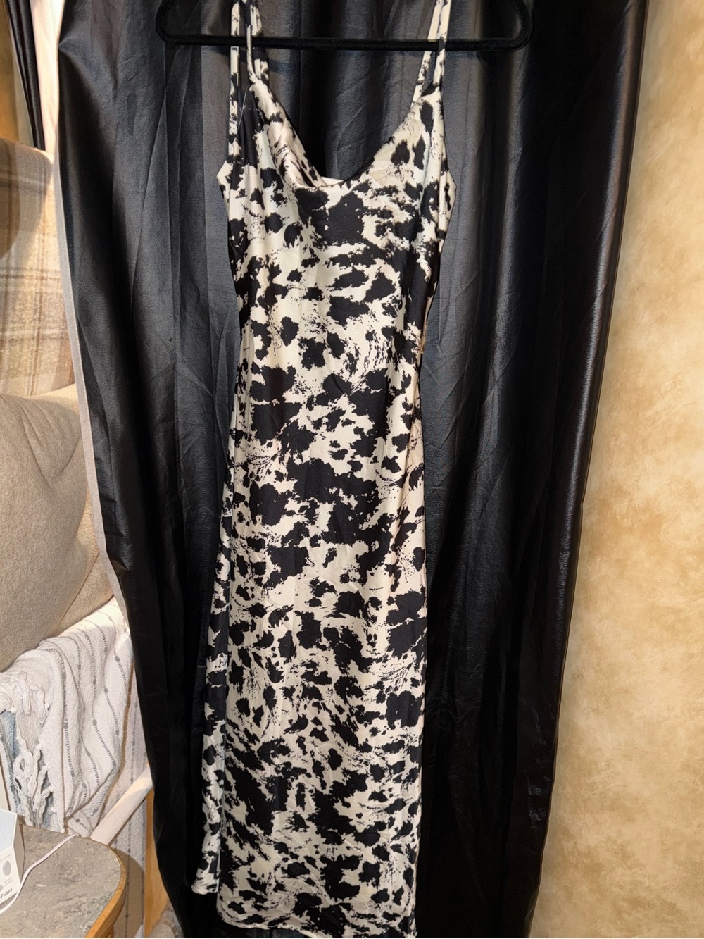Women's Black and White Slip Dress - Printed Satin Midi